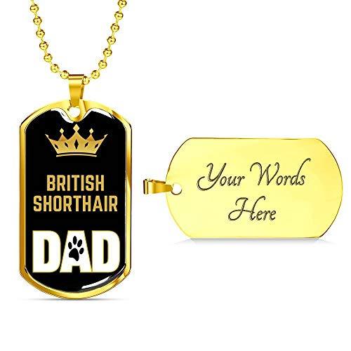 Cat Dad Gift British Shorthair Cat Dad Necklace Engraved 18k Gold Dog Tag 24" Ch
