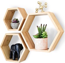 Wall Shelves, Hexagon Shelves For Home Decor, Bamboo Hexagon Floating Sh... - £51.70 GBP