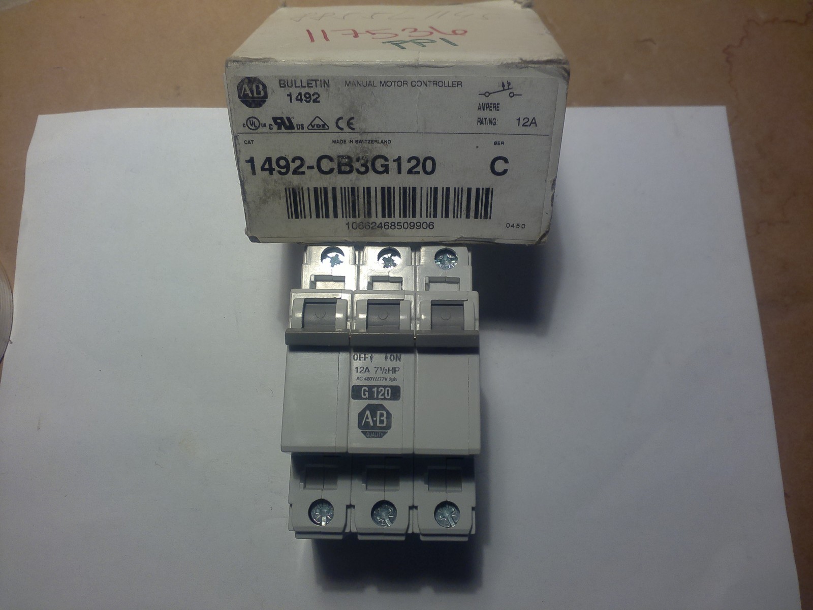 ALLEN BRADLEY 1492-CB3G120 MANUAL MOTOR CONTROLLER / 3P 12AMP 480VAC / 7... - $58.59
