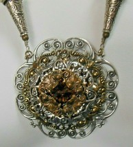 Vintage Two-tone Ornate Layered floral Filigree Rhinestone Pendant Necklace - £59.53 GBP