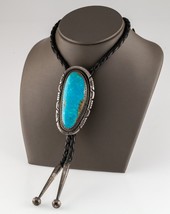 Gorgeous Sterling Silver Turquoise Bolo Tie with Braided Leather Strap - £278.64 GBP
