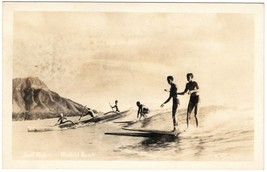 Real Photo Postcard EKC (RPPC) 1939 Canoe Surfing Waikiki &amp; Surfers Hawaii - $41.14