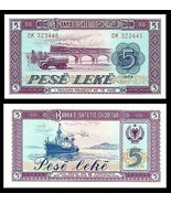Albania P42b, 5 Lek, truck, steam passenger train on trestle / freighter... - $82.29 MXN