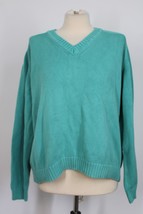 Vtg 90s Lands End L Green Cotton Knit V-Neck Sweater USA - £23.54 GBP