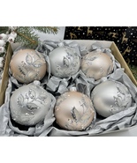 Set of pink and silver Christmas glass balls, hand painted ornaments wit... - £42.03 GBP