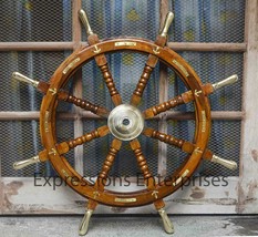 36&quot; Handmade Wooden Steering Ship Wheel Nautical Brass Anchor Wheel - £207.83 GBP