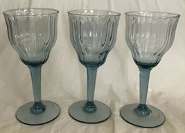 3 LIGHT BLUE WATER WINE GOBLET RIBBED GLASSES Beveled Stem Some Bubbles ... - £23.97 GBP