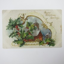 Christmas Postcard Church Raphael Tuck &amp; Sons Holly Series Gold Embossed... - £15.71 GBP