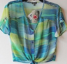 Lily Rose Juniors L Large Striped Green Blue White Front Tie Blouse - £11.98 GBP
