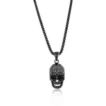 Stainless Steel Skull &amp; CZ Eyes Necklace - Black Plated - £40.91 GBP