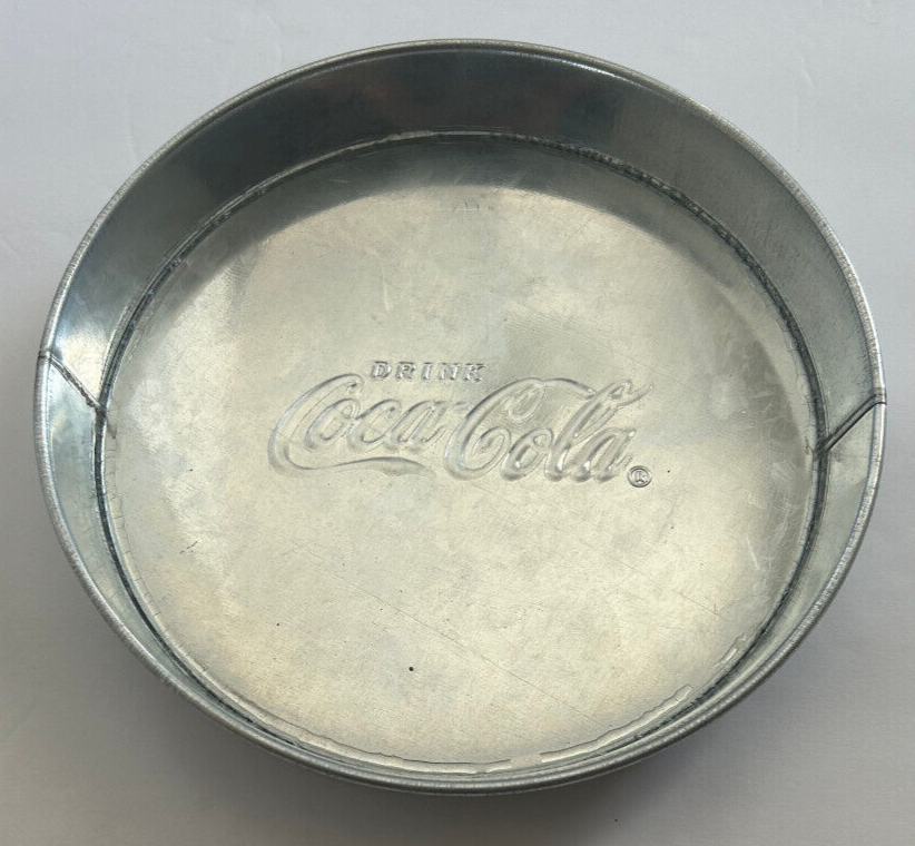 Coca-Cola Galvanized 8" Round Tray Embossed with Script Logo - $8.59