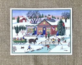 Vintage Christmas Card Barbara Corrigan Winter Town Stores Hayride Ice Skating - £2.93 GBP