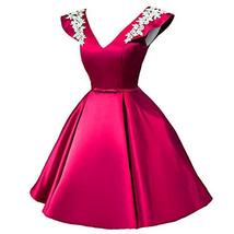 V Neck White Lace Short Satin Formal Prom Homecoming Dresses Party Fuchsia US 10 - £76.99 GBP