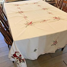 VTG Applique &amp; Embroidered Christmas Tablecloth Santa Gold Lurex Oblong 87 x 69 - £19.97 GBP