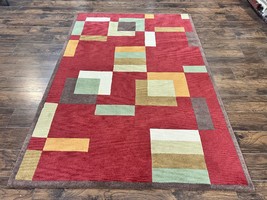 Indo Tibetan Modern Rug 5x8 Abstract Red Multicolor Wool Contemporary Carpet - £780.76 GBP