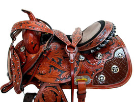 Shwaan Western Saddle Barrel Racing Trail Horse Star Show Tooled Tack 10&quot;to 18&quot; - £379.12 GBP+