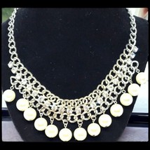 Signed Premier Designs Necklace Simulated Pearls Beads Clear Rhinestones  16&quot; + - £11.04 GBP