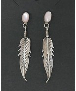 Sterling Silver Pink Mother of Pearl Feather Dangle Earrings - £39.70 GBP