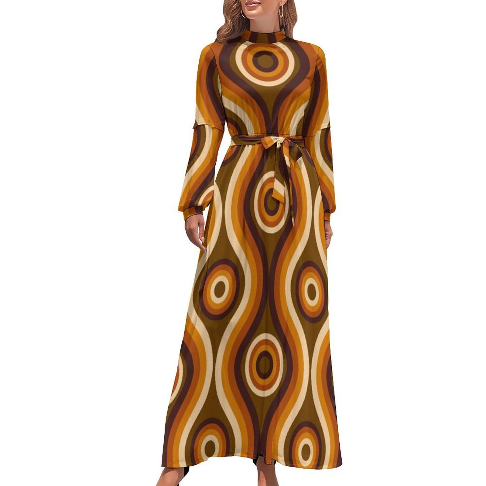 Woman 70s Vintage Groovy Circle Long Sleeve High Neck Long Dress (Size XS to XL)