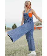 Light Blue Mineral Wash Buttoned Straps Wide Leg Denim Overalls - $42.01