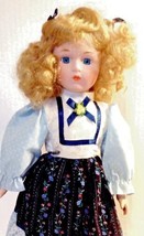 Vintage Porcelain Doll Heritage Mint 1988-89 Curly Blonde Hair White Blue Dress - £15.55 GBP