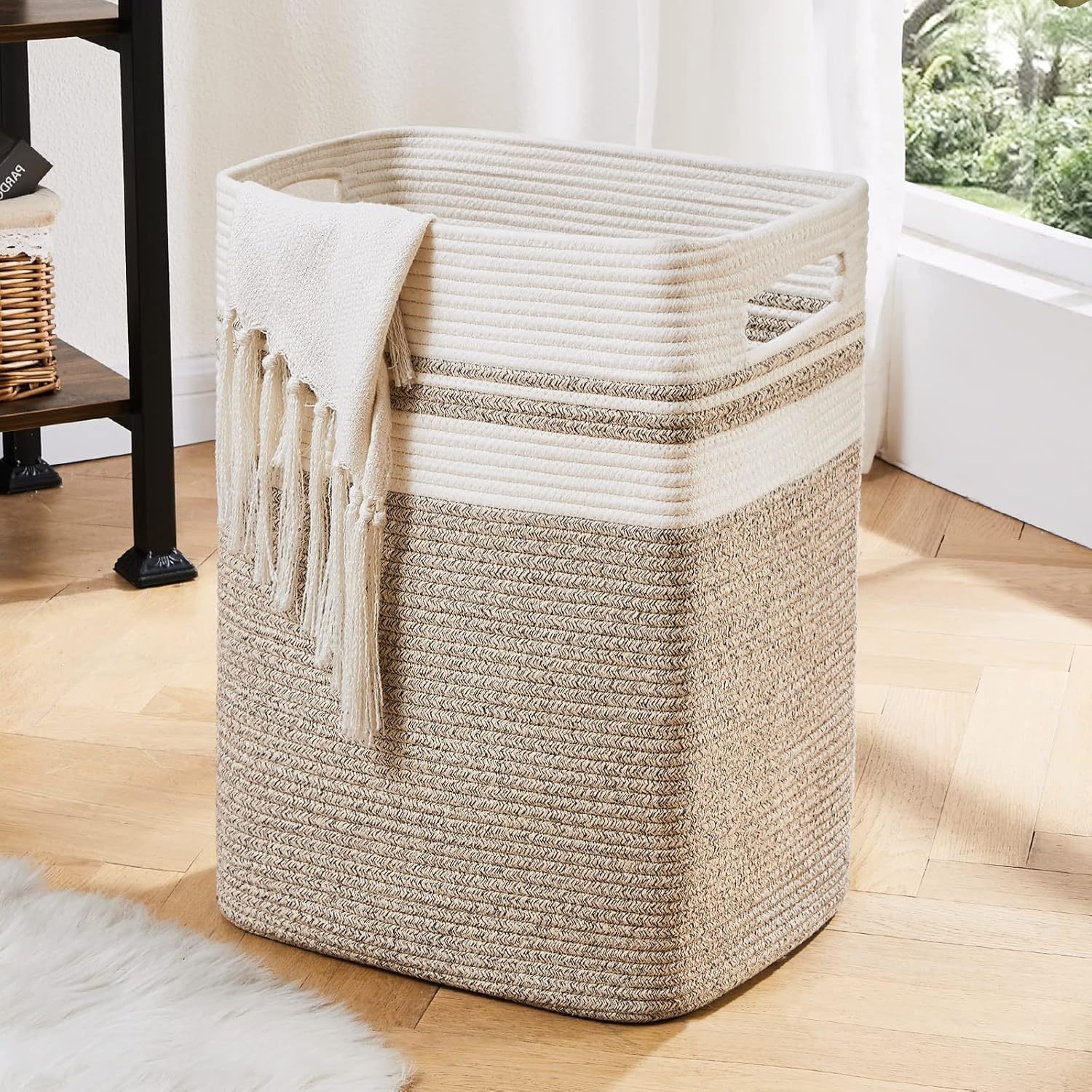 -Laundry Basket,Tall Cotton Storage Basket With Handles,Decorative Blanket Baske