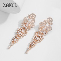 ZAKOL Top Zirconia Long Wedding Drop Earrings for Bridesmaid Silver Color Leaf F - £18.19 GBP