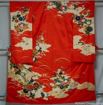 Red Polyester Furisode - Floral Women&#39;s Kimono - Colorful Flowers and Le... - £59.78 GBP