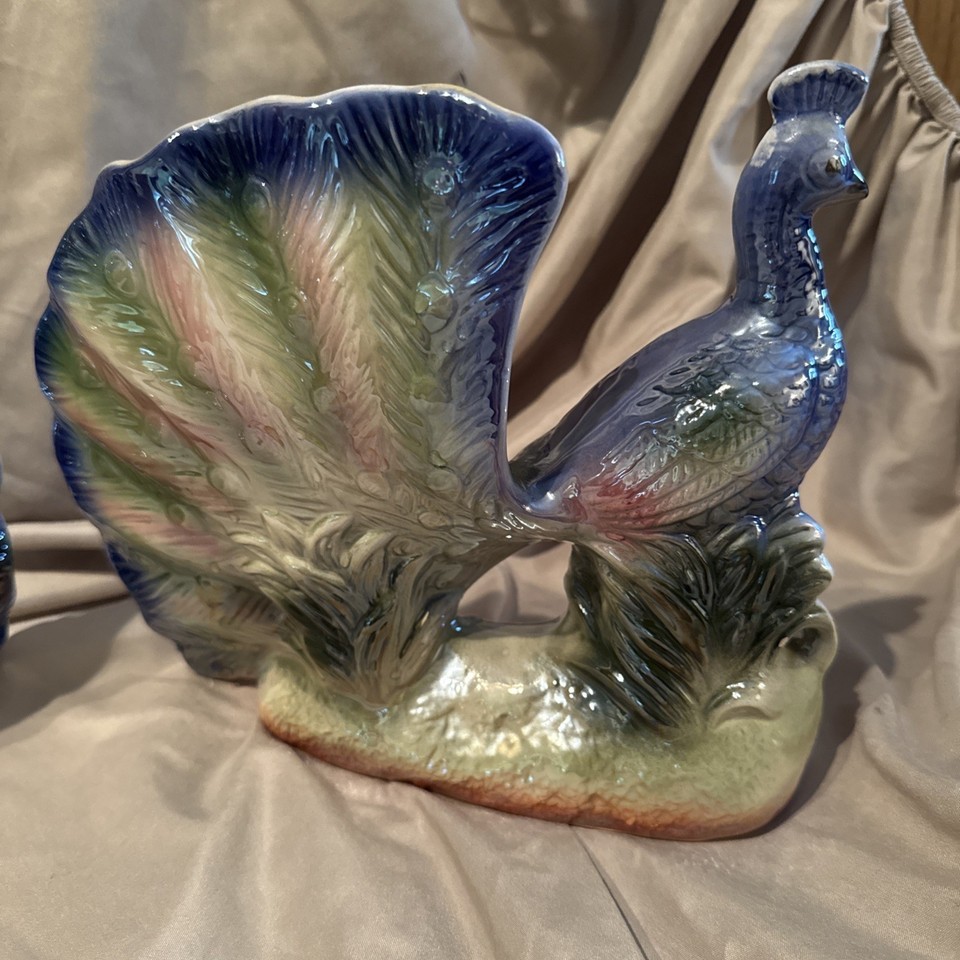 Vintage Ceramic Peacock Figurines Pair Iridescent Finish Bird Statues Decor Item image 4