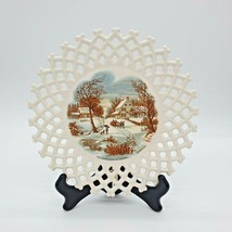 Vintage Open Lattice Plate Currier Ives The Homestead in Winter Signed EVA 73 - $27.78