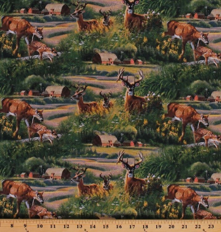 Cotton Deer Farm Country Scene Buck Fawns Animals Fabric Print by Yard D... - $8.99