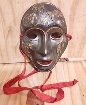 Vintage Solid Brass Mardi Gras Mask 6&quot; Ribbons made India Party Costume Floral - £7.28 GBP