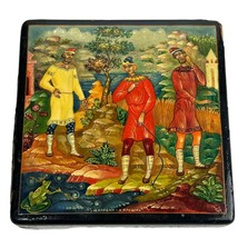 Square Russian Hand Painted Lacquered Wooden Box USSR Signed 1920 Cyrillic - £95.86 GBP