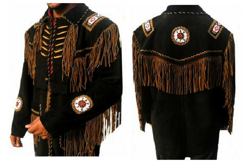 Black Western Style Brown Fringed Bone Beaded Patches Suede Real Leather Jacket
