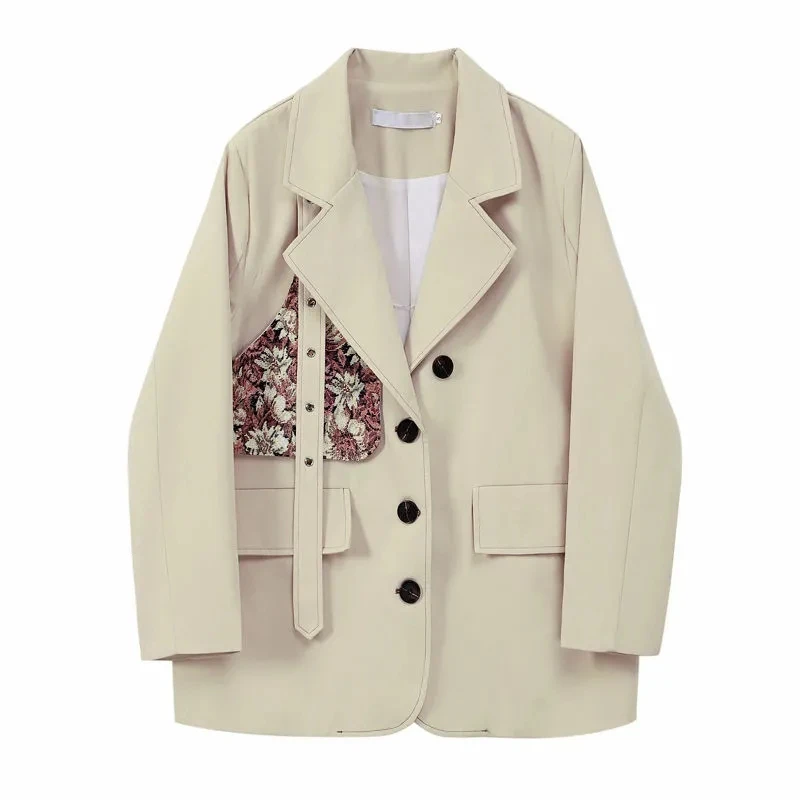 Creamy-white Vintage Jacquard Patchwork Blazer Jacket Women Loose Single Breaste - £231.36 GBP