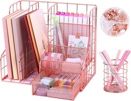 Rose Gold Desk Organizer with 6 Compartments, Mesh Metal Cute Pen Holder with Ac - £43.29 GBP