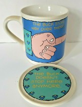 Vintage 1985 Hallmark Mug Mates Coffee Cup With Lid The Buck Stop Over There MS - $11.99