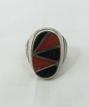 Zuni Coral Onyx Sterling Mens Signet Ring Size 10 - £158.27 GBP