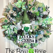 Handmade St. Patrick’s Day Lucky and Gnome it Ribbon Prelit Wreath 22 in... - £62.95 GBP