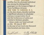Trans Caribbean Airways Inaugural Flight Certificate New York Curacao 1969 - $37.62