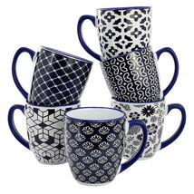 Elama Flyn 6 Piece 16 Ounce Assorted Design Stoneware Mug Set in Navy Bl... - $64.72