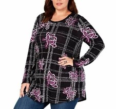 Style &amp; Co Womens Plus 2X Black Violet Floral Long Sleeve Tunic Sweater ... - £19.25 GBP