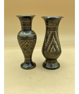 Flower Vase Metal Meenakari Work Black &amp; Brass 5 3/4” Home Décor Pair - $19.79