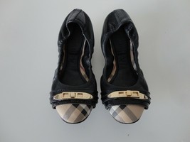 AUTH BURBERRY Black Leather Cap-Toe Scrunch Ballerina Flats Shoes 35.5/5.5 Italy - £184.11 GBP