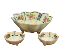 Nippon Hand Painted Antique China Berry Nut Footed Bowl Set 3 PC Roses Floral - £12.90 GBP