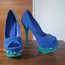 Liliana Pumps Size 7.5 Phoebe Blue Green Peep Toe Gold Stud Suede High - £25.22 GBP