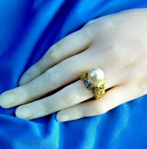 Pearl Sapphire Engagement Statement Ring Deco Cocktail Dinner Style 14k Gold - £2,126.55 GBP