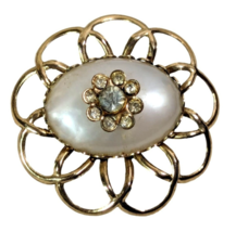 Gold Tone Pearl White Color Flower Brooch Pin Pendant Rhinestones Vintag... - $14.77