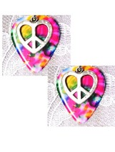 Silver Heart Peace Sign Charms on Rainbow Guitar Picks Musical Ear Wire ... - $7.99