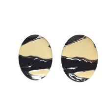 Vtg Oval Pierced Earrings Abstract Black Beige Enamel Retro Statement Je... - $21.82